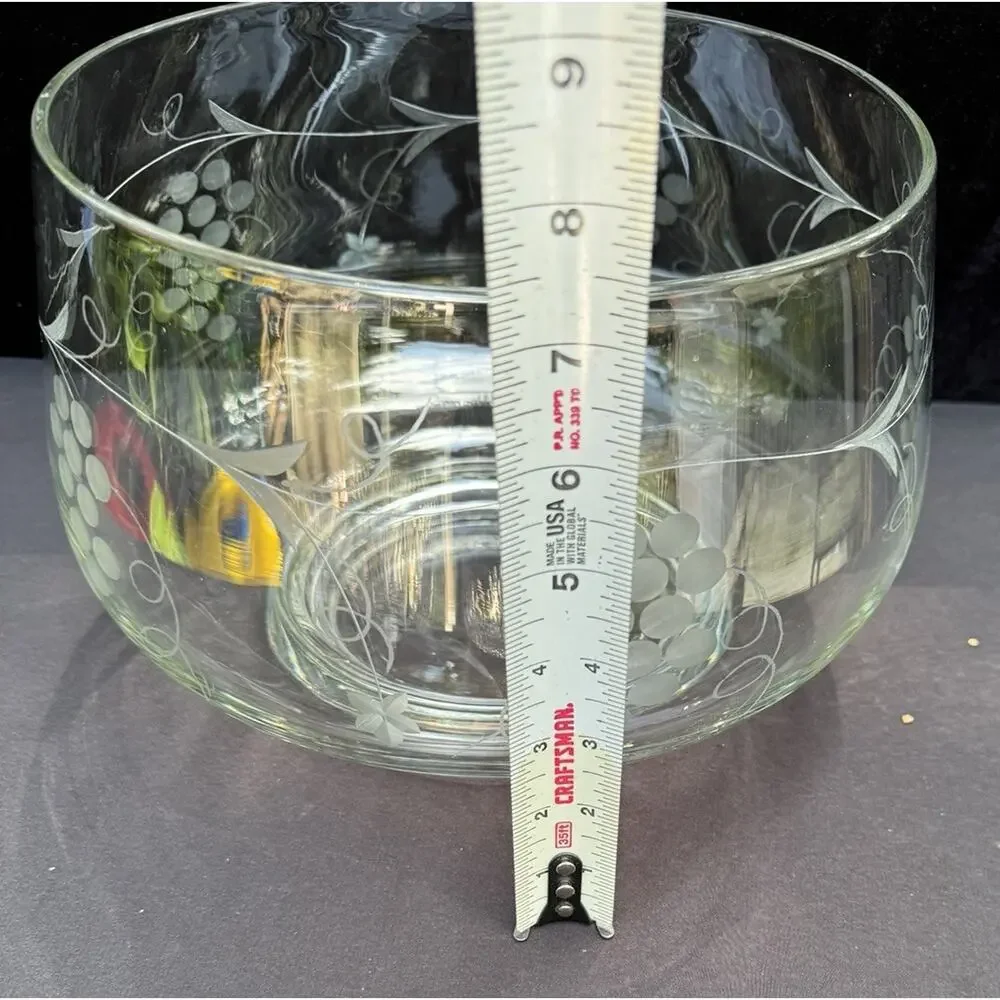 1950’s Vintage Small 9.5” Punch Bowl Etched Grapes Clear Glass EUC -C13